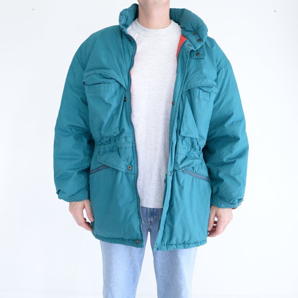 VTG Northern Spirit Green Red 70% Down 30% Feathers Puffer Zip Up Winter Jacket